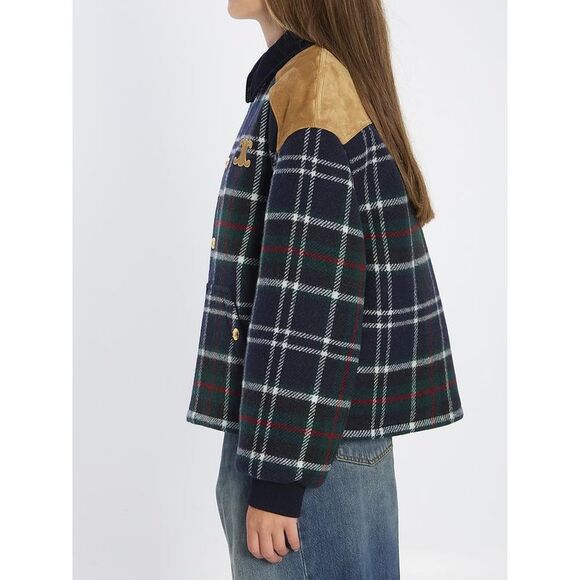 CELINE Tartan Wool Blend Varsity Jacket Women BLUE Coats & Jackets - Picture 3 of 5